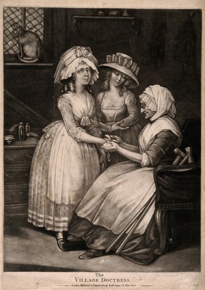 view A woman doctor bandaging a young woman's hand. Mezzotint, 1787.