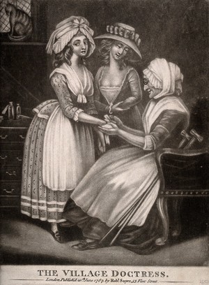 view A woman doctor bandaging a young woman's hand. Mezzotint, 1787.