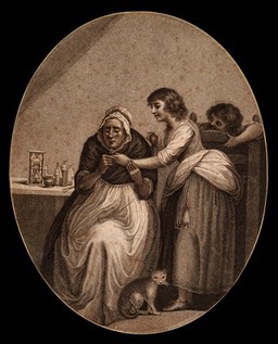 A woman doctor examining a girl's finger. Engraving after J. Northcote.
