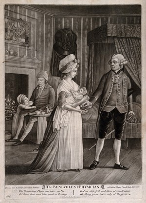 view A generous physician refusing money for services rendered from a poor family. Mezzotint.