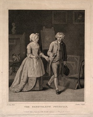 view A generous physician refusing payment from a sick patient's wife. Stipple engraving by J. Baldrey, 1784, after E. Penny.