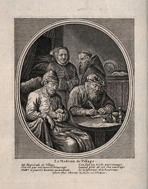 view A country doctor writing out a prescription for a sick patient, his wife and a monk are in the background. Engraving.