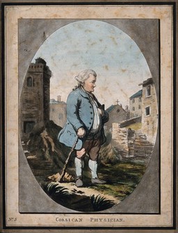 A well dressed physician walking through a village in Corsica. Coloured aquatint after J. Daubigny.