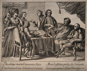 view A man suffering from dropsy dictating his will while a physician takes his pulse, he is surrounded by his wife and friends. Engraving.