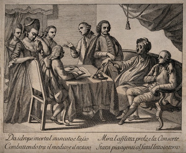 A man suffering from dropsy dictating his will while a physician takes his pulse, he is surrounded by his wife and friends. Engraving.