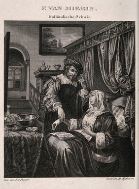 A physician taking the pulse of a woman who is touching her chest and reading a devotional book. Engraving by M. Hofmann, 18--, after S.F. Perger after F. van Mieris the elder.