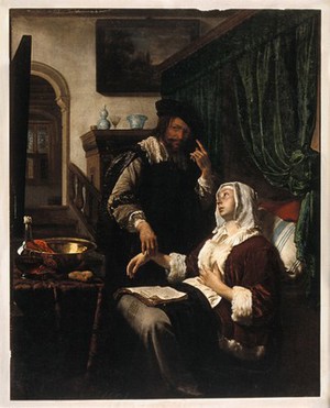 view A physician taking the pulse of a woman who is touching her chest and reading a devotional book. Colour photolithograph after F. van Mieris, the elder.