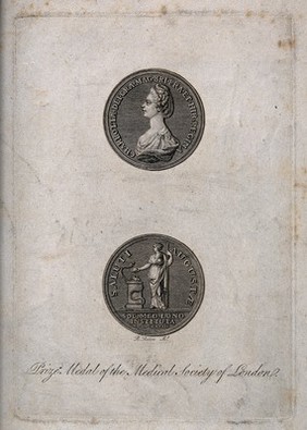 A prize medal of the Medical Society of London; on the front is Queen Charlotte and on reverse is Hygieia with a serpent. Engraving by R.G. Reeve.