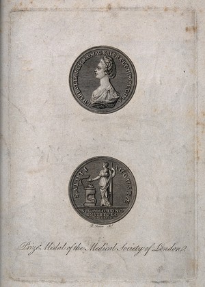 view A prize medal of the Medical Society of London; on the front is Queen Charlotte and on reverse is Hygieia with a serpent. Engraving by R.G. Reeve.