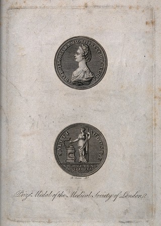 A prize medal of the Medical Society of London; on the front is Queen Charlotte and on reverse is Hygieia with a serpent. Engraving by R.G. Reeve.
