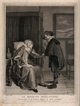 A Dutch physician taking the pulse of a female patient, a urine flask in a wicker basket is on a table beside them. Engraving by P. Basan, 16--, after G. Ter Borch, the younger.