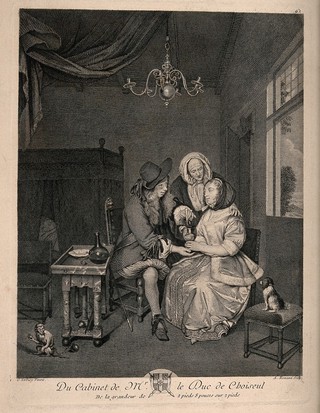 A young physician stirring a medicinal mixture for a female patient, the patient's mother reassures her, a urine flask is on the table. Engraving by A. Romanet after G. Ter Borch the younger.