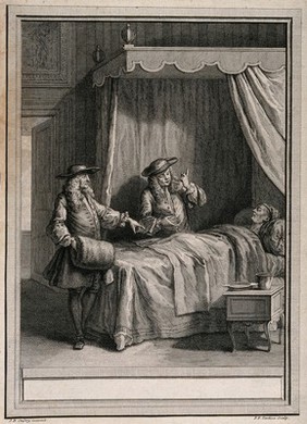 Two doctors arguing over the bed of a dying patient. Engraving by P.F. Tardieu after J.B. Oudry.