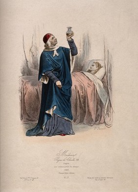 A physician in traditional costume examining urine in a flask, the young female patient is in bed, France 14--. Coloured etching by P. Pauquet after a 1493 manuscript.