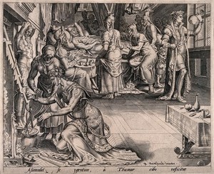 view Amnon, son of David, simulates illness in order to attract his half sister Tamar, who is preparing a meal; in the corner a physician is examining a urine specimen. Line engraving after M. van Heemskerck.