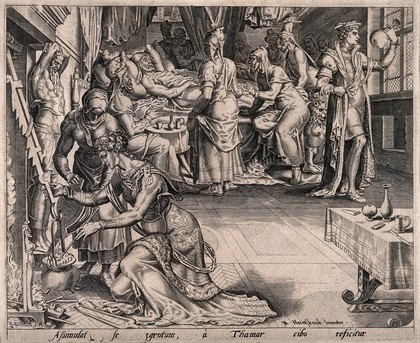 Amnon, son of David, simulates illness in order to attract his half sister Tamar, who is preparing a meal; in the corner a physician is examining a urine specimen. Line engraving after M. van Heemskerck.