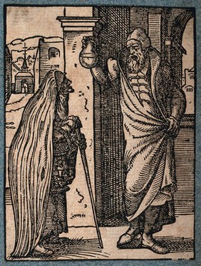 A physician examining a urine specimen, brought to him by an elderly woman. Woodcut by J. Amman, 1568.