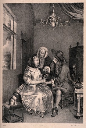 A young male physician stirring a medicinal mixture for a female patient, the patient's mother reassures her, a urine flask is on the table. Lithograph by A. Bida after G. Ter Borch, the younger.