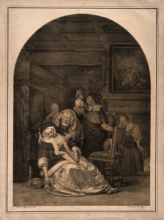 An ill woman collapsing, a maid rushes to her aid while her physician is examining a urine specimen. Lithograph by N. Strixner, 1819, after F. van Mieris, 1667.
