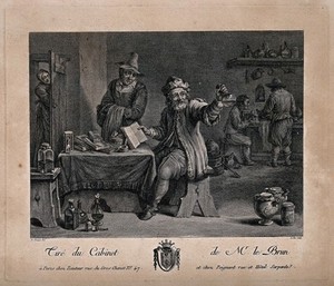 view A physician, in his surgery and workshop, examining a urine flask and referring to a book. Engraving by J.P. Le Bas after D. Teniers.