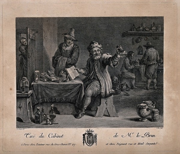 A physician, in his surgery and workshop, examining a urine flask and referring to a book. Engraving by J.P. Le Bas after D. Teniers.
