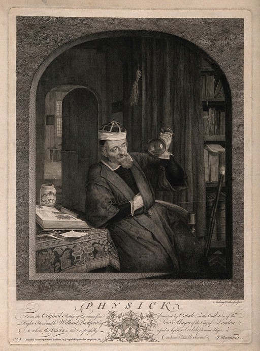 A physician examining a urine specimen in his surgery. Engraving by A. Walker, 1763, after A. van Ostade.
