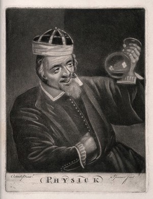 view A physician examining urine. Mezzotint by C. Spooner after A. van Ostade.