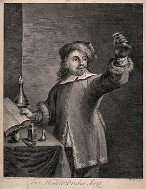 view A physician examining a urine specimen and referring to a book. Engraving by J. Balzer after D. Teniers, the younger.