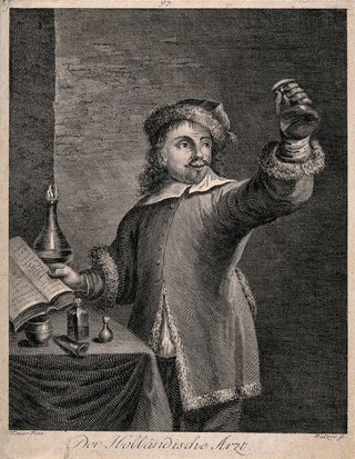 A physician examining a urine specimen and referring to a book. Engraving by J. Balzer after D. Teniers, the younger.