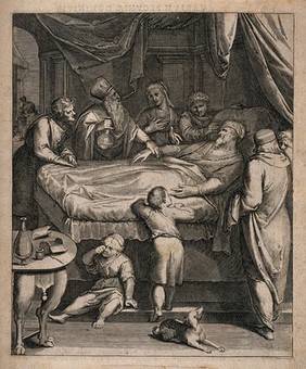 A physician taking the pulse of and examining the urine of a sick old man, he is surrounded by his concerned family. Line engraving by O. van Veen.