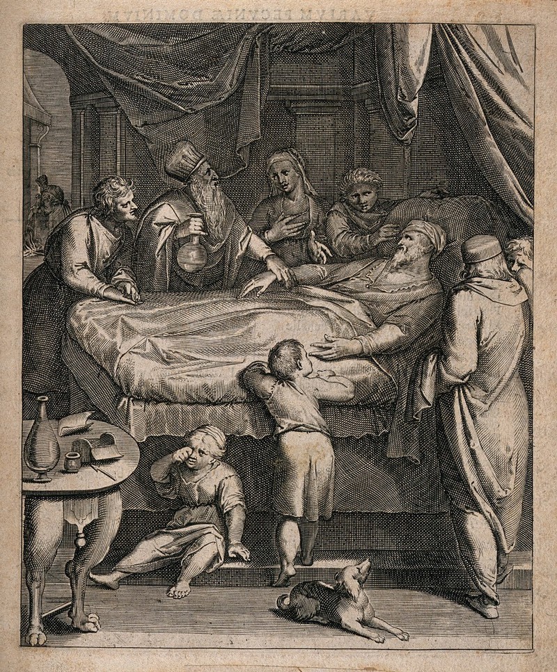 A physician taking the pulse of and examining the urine of a sick old man, he is surrounded by his concerned family. Line engraving by O. van Veen., by Otto van Veen