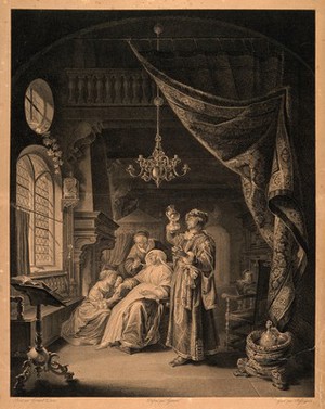 view A physician gazing in amazement at a urine sample of an elderly female patient who is seated near him in a richly furnished room. Engraving by J.B. Fosseyeux after F. Giani after G. Dou.