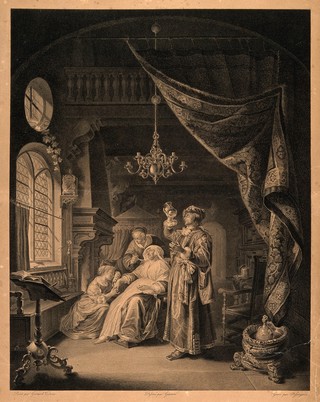 A physician gazing in amazement at a urine sample of an elderly female patient who is seated near him in a richly furnished room. Engraving by J.B. Fosseyeux after F. Giani after G. Dou.