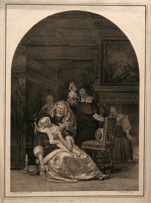 view An ill woman collapsing, a maid rushes to her aid while her physician is examining a urine specimen. Lithograph by N. Strixner, 1819, after F. van Mieris, 1667.