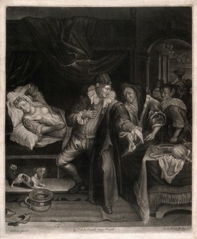 A physician examining a bare breasted female patient, an older woman passes him a syringe, a bawdy couple are in the background. Mezzotint by A. de Blois after J. Steen.