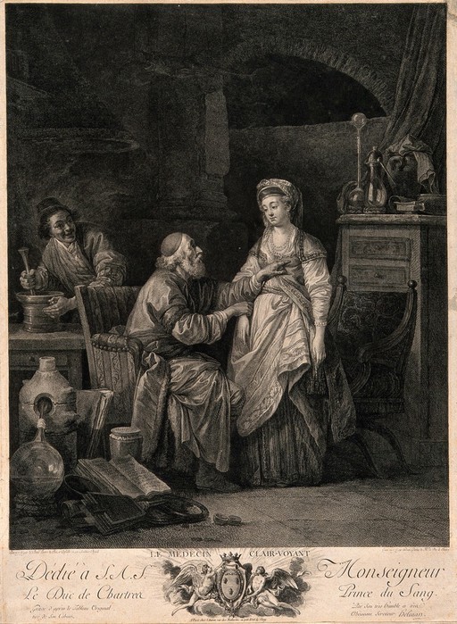 An old physician is taking a young woman's pulse and pointing to her heart, implying that she is suffering from lovesickness, the physicians' assistant is grinning and mixing a concotion. Engraving by I.S. Helman, 1775, after J.B. Leprince, 1773.