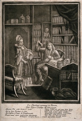 A physician examining a pregnant woman's urine specimen in his library. Mezzotint.