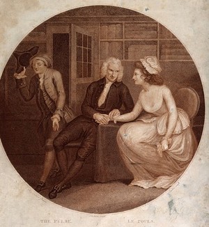 view A young physician taking the pulse of a woman with whom he is flirting, a young man passing by raises his hat. Colour stipple engraving by J. Parker, 1783, after J. Northcote.