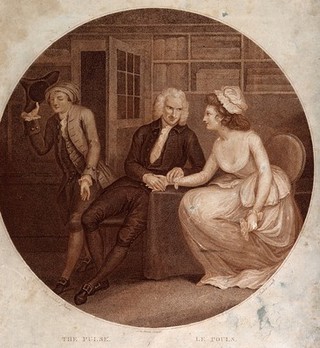A young physician taking the pulse of a woman with whom he is flirting, a young man passing by raises his hat. Colour stipple engraving by J. Parker, 1783, after J. Northcote.