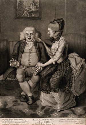 view Paulo Purganti, a physician shrinking from his wife's caresses. Mezzotint.