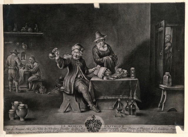 An excited physician examining a urine specimen and referring to a book, while the patient waits for the diagnosis, two assistants are mixing concoctions in the background. Mezzotint by J.B. Enzensberger after D. Teniers, the younger.