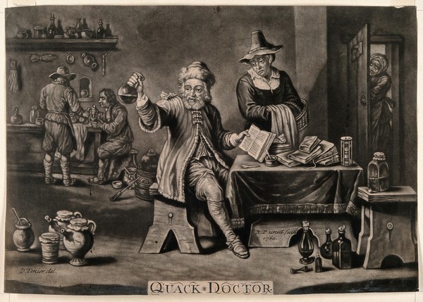 A medical practitioner examining a urine flask and referring to a book, while the patient waits for the diagnosis;, two assistants are preparing ingredients in the background. Mezzotint by R. Purcell, 1766, after D. Teniers, the younger.