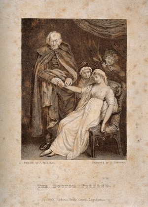 view A puzzled physician taking the pulse of a young female patient, a boy in the backgroung is pointing to arrows, suggesting that the malady is lovesickness. Engraving by S. Freeman after J. Opie.