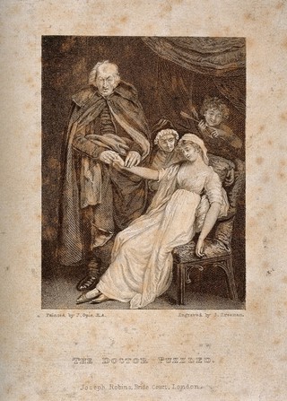 A puzzled physician taking the pulse of a young female patient, a boy in the backgroung is pointing to arrows, suggesting that the malady is lovesickness. Engraving by S. Freeman after J. Opie.