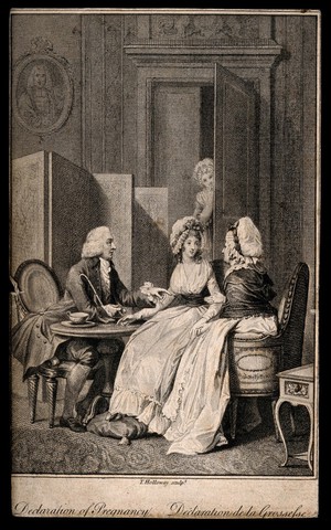 view A physician informing a young woman and her mother that she is pregnant, a servant is listening at the door. Engraving by T. Holloway.