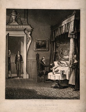 view A physician arguing with his wealthy patient who is bed, a visitor appears at the door. Aquatint after H. Dawe, 184-.