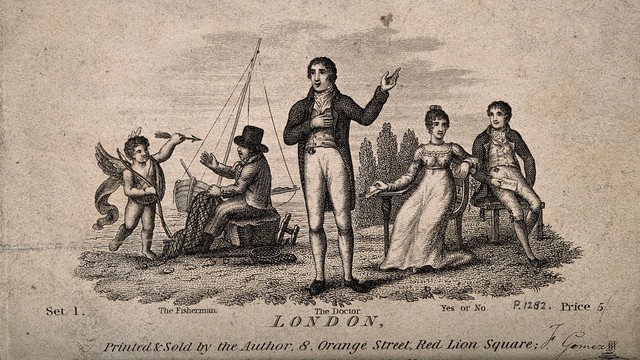 Three interlinked scenes of a fisherman with his nets, Cupid pointing an arrow at a young couple who are contemplating marriage and a physician. Etching.