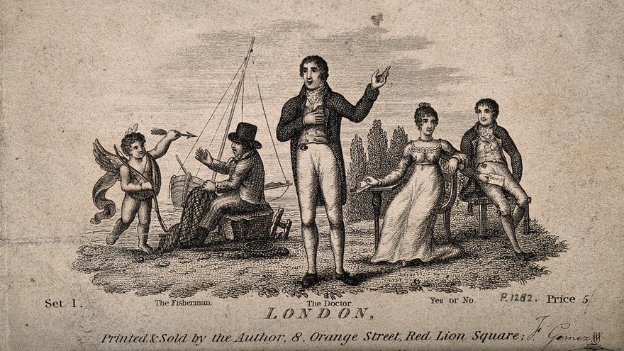 Three interlinked scenes of a fisherman with his nets, Cupid pointing an arrow at a young couple who are contemplating marriage and a physician. Etching.
