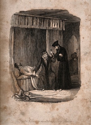 view John Dee and Edward Kelley attend to the wounded Guy Fawkes, and give him an elixir which revives him. Etching by G. Cruikshank.