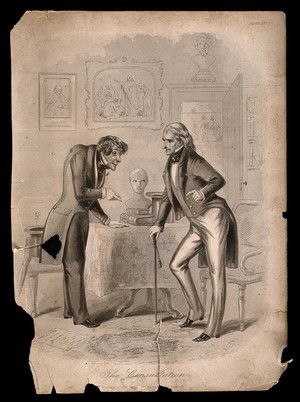 view A hunchbacked physician talking to a patient who has a deformed hip. Engraving.